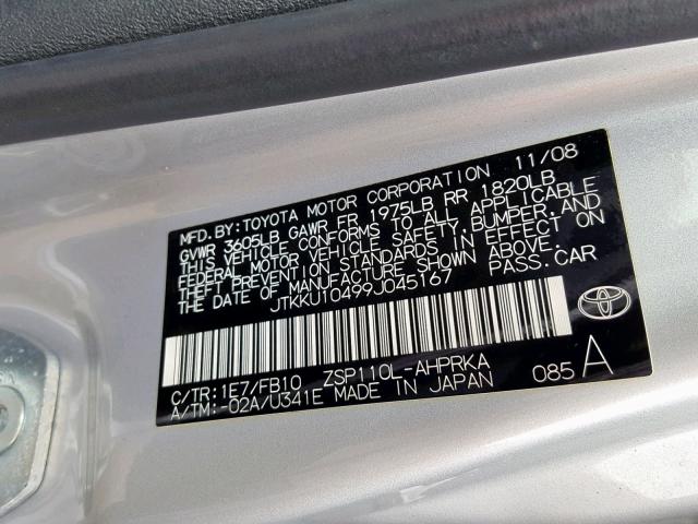 JTKKU10499J045167 - 2009 SCION XD SILVER photo 10