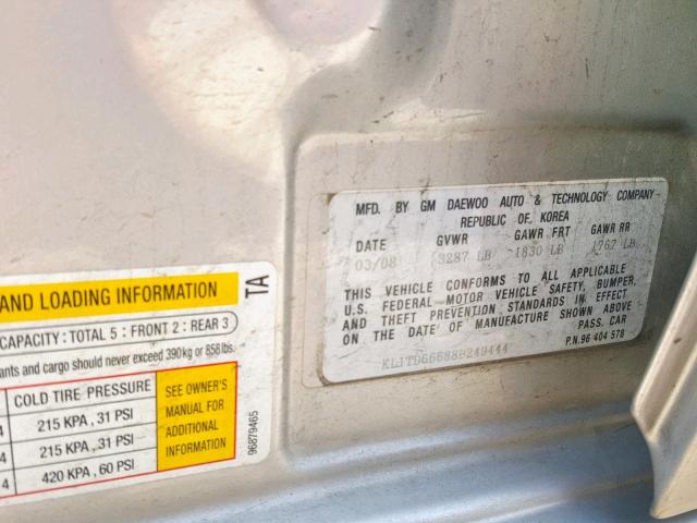 KL1TD66688B249444 - 2008 CHEVROLET AVEO BASE Сұр фото 10