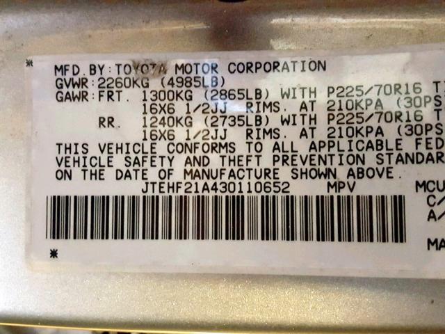 JTEHF21A430110652 - 2003 TOYOTA HIGHLANDER TAN photo 10