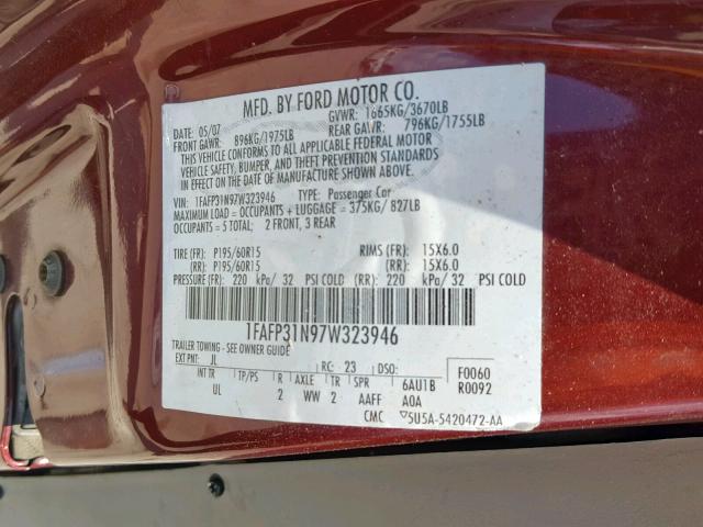 1FAFP31N97W323946 - 2007 FORD FOCUS ZX3 MAROON photo 10