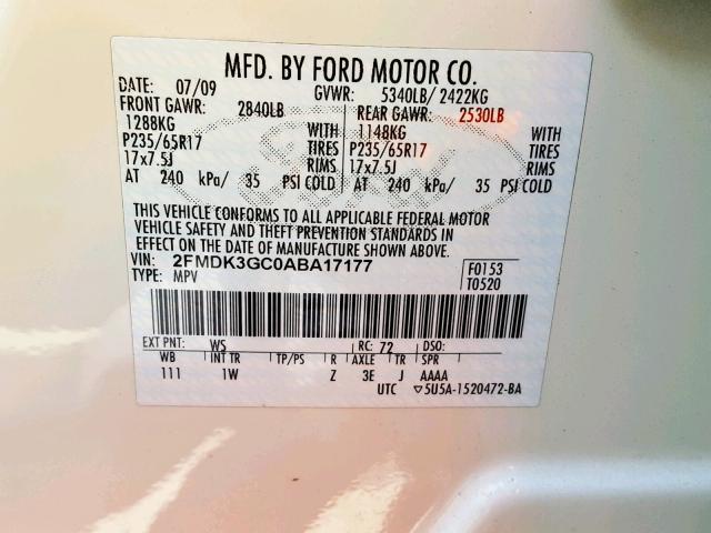 2FMDK3GC0ABA17177 - 2010 FORD EDGE SE WHITE photo 10