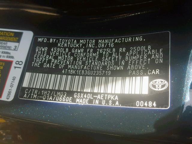 4T1BK1EB3GU235719 - 2016 TOYOTA AVALON XLE BLACK photo 10