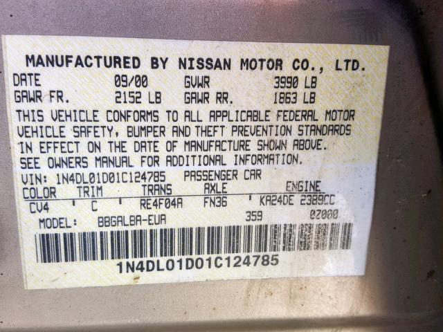 1N4DL01D01C124785 - 2001 NISSAN ALTIMA XE TAN photo 10