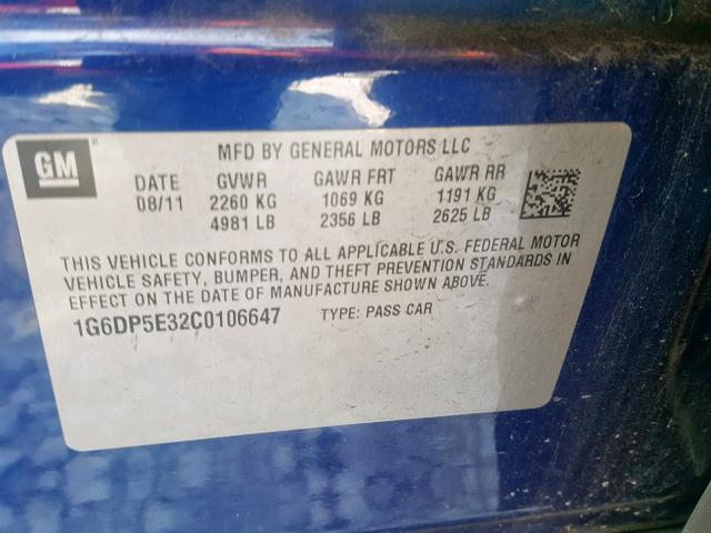 1G6DP5E32C0106647 - 2012 CADILLAC CTS PREMIU BLUE photo 10