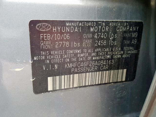 KMHFC46F26A084163 - 2006 HYUNDAI AZERA SE GRAY photo 10