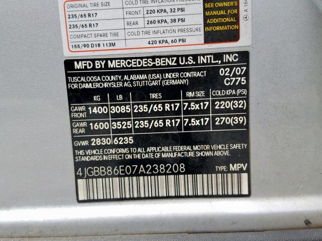 4JGBB86E07A238208 - 2007 MERCEDES-BENZ ML 350 SILVER photo 10