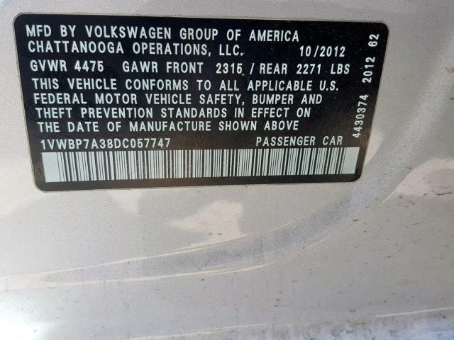 1VWBP7A38DC057747 - 2013 VOLKSWAGEN PASSAT SE SILVER photo 10