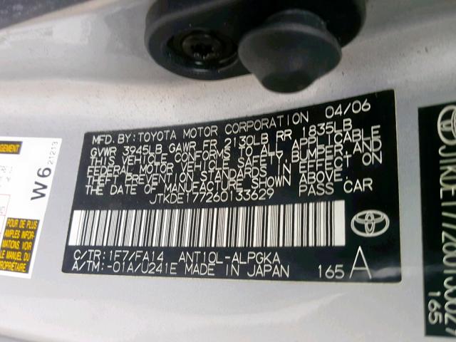 JTKDE177260133629 - 2006 TOYOTA SCION TC ვერცხლისფერი ფოტო 10