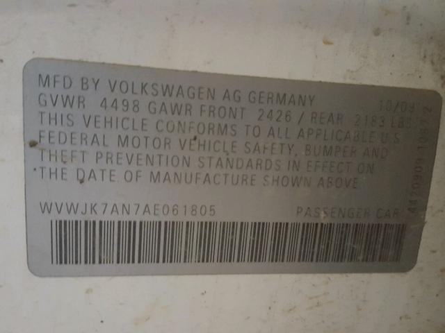 WVWJK7AN7AE061805 - 2010 VOLKSWAGEN PASSAT KOM WHITE photo 10