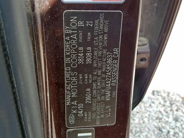 KNAFU4A27A5858637 - 2010 KIA FORTE EX BURGUNDY photo 10