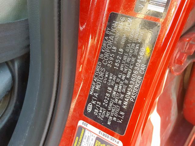 KNADM5A36D6304560 - 2013 KIA RIO LX RED photo 10