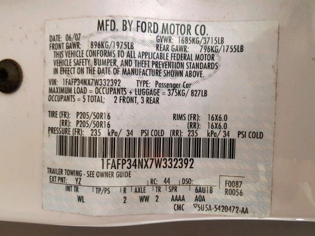 1FAFP34NX7W332392 - 2007 FORD FOCUS ZX4 WHITE photo 10