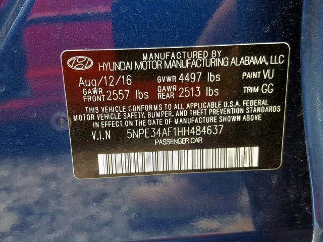 5NPE34AF1HH484637 - 2017 HYUNDAI SONATA SPO BLUE photo 10