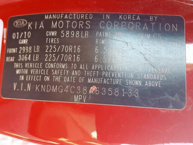 KNDMG4C38A6358133 - 2010 KIA SEDONA LX RED photo 10