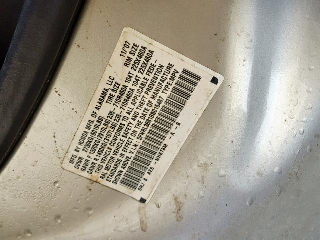 5FNRL38818B016487 - 2008 HONDA ODYSSEY TO SILVER photo 10