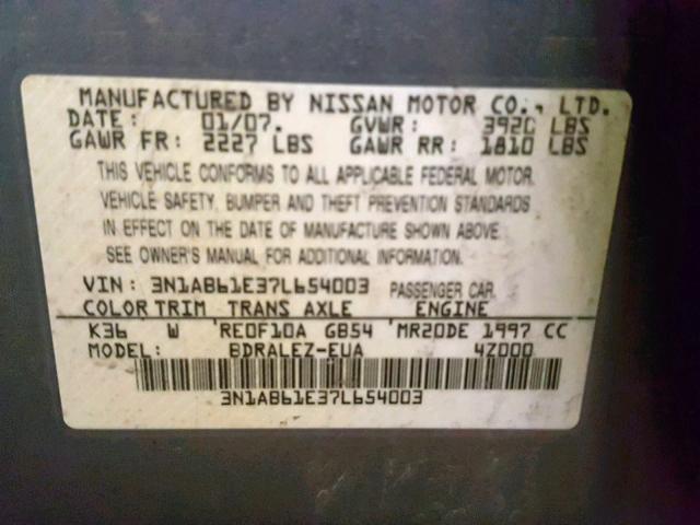 3N1AB61E37L654003 - 2007 NISSAN SENTRA 2.0 GRAY photo 10