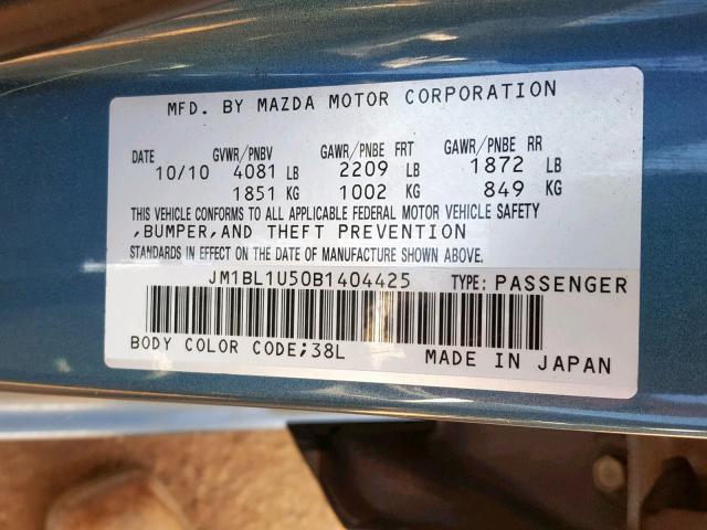 JM1BL1U50B1404425 - 2011 MAZDA 3 S BLUE photo 10