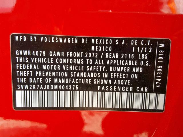 3VW2K7AJ8DM404375 - 2013 VOLKSWAGEN JETTA BASE 红色 照片 10