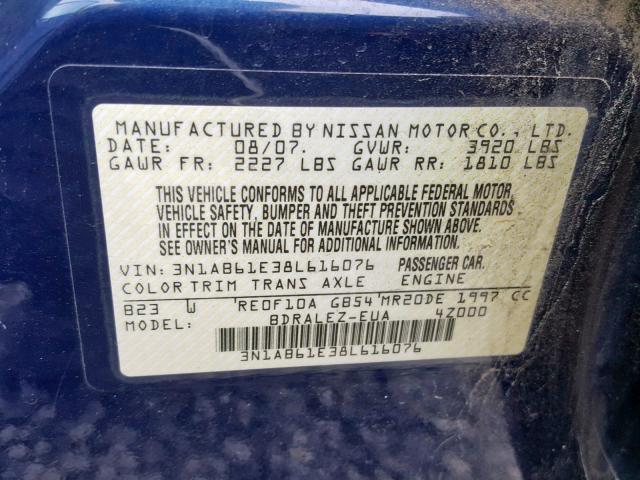 3N1AB61E38L616076 - 2008 NISSAN SENTRA 2.0 BLUE photo 10