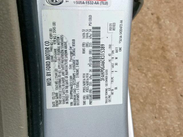 3FAHP0GA6CR315389 - 2012 FORD FUSION S SILVER photo 10