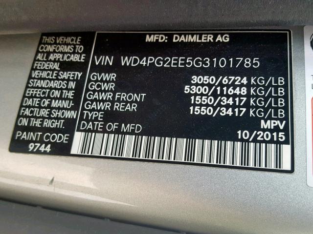 WD4PG2EE5G3101785 - 2016 MERCEDES-BENZ METRIS SILVER photo 10