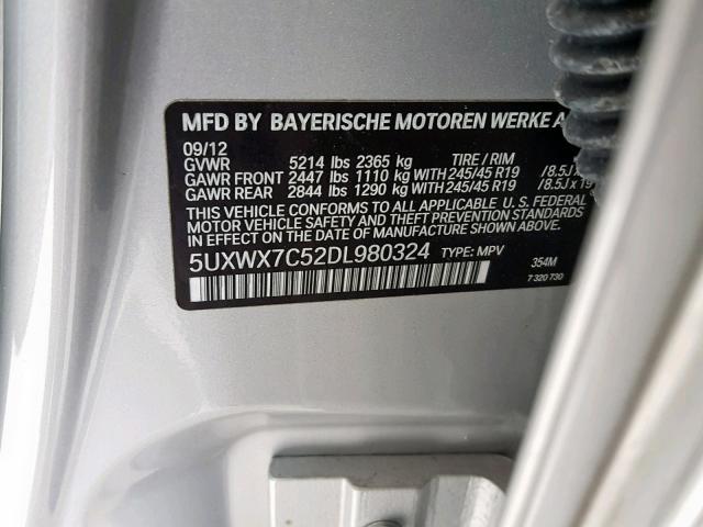 5UXWX7C52DL980324 - 2013 BMW X3 XDRIVE3 SILVER photo 10