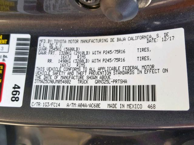 3TMAZ5CN0JM054802 - 2018 TOYOTA TACOMA DOU GRAY photo 10