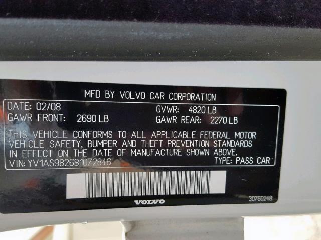 YV1AS982681072846 - 2008 VOLVO S80 3.2 WHITE photo 10