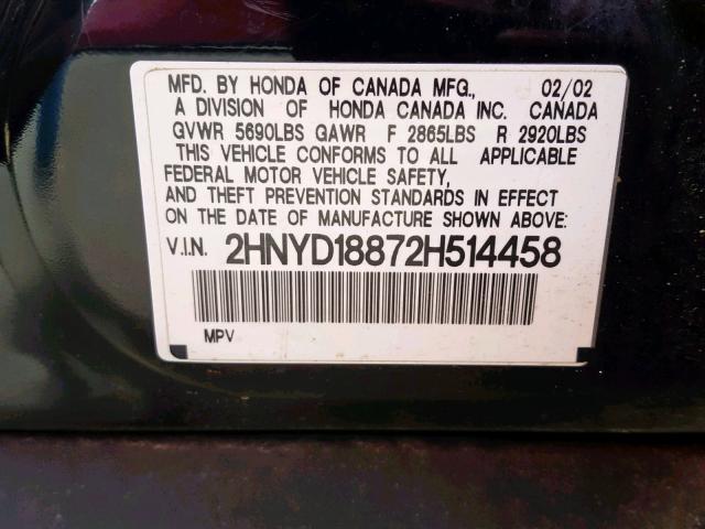 2HNYD18872H514458 - 2002 ACURA MDX TOURIN BLACK photo 10