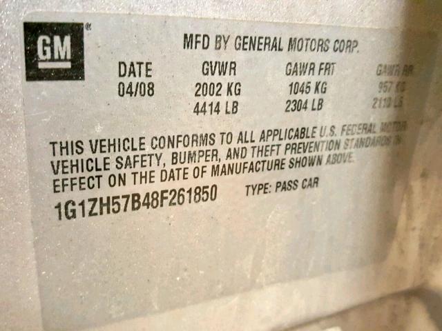 1G1ZH57B48F261850 - 2008 CHEVROLET MALIBU 1LT SILVER photo 10