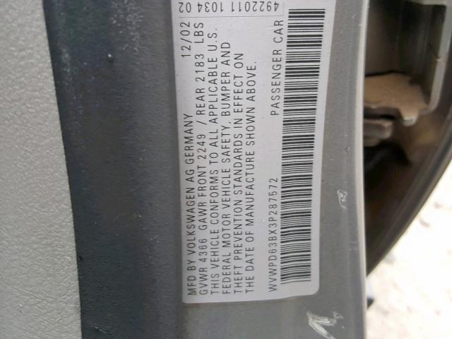 WVWPD63BX3P287572 - 2003 VOLKSWAGEN PASSAT GLS GRAY photo 10