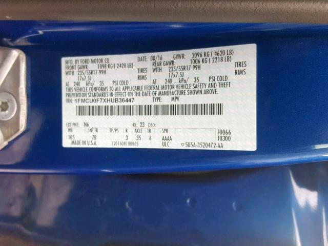 1FMCU0F7XHUB36447 - 2017 FORD ESCAPE S BLUE photo 10