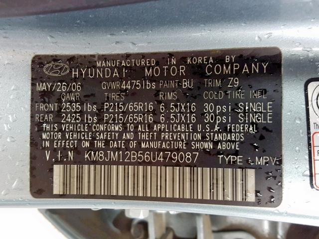 KM8JM12B56U479087 - 2006 HYUNDAI TUCSON GL BLUE photo 10