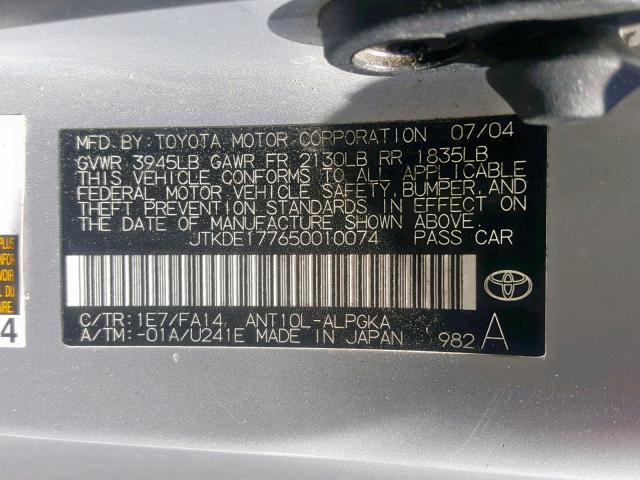JTKDE177650010074 - 2005 TOYOTA SCION TC ვერცხლისფერი ფოტო 10