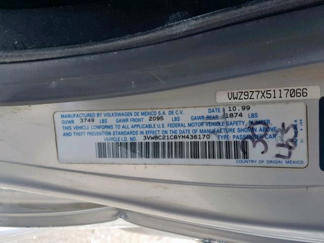 3VWBC21C8YM436170 - 2000 VOLKSWAGEN NEW BEETLE Gümüş foto 10