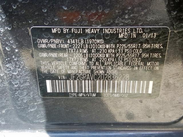 JF2GPAVC2D2836228 - 2013 SUBARU XV CROSSTR GRAY photo 10