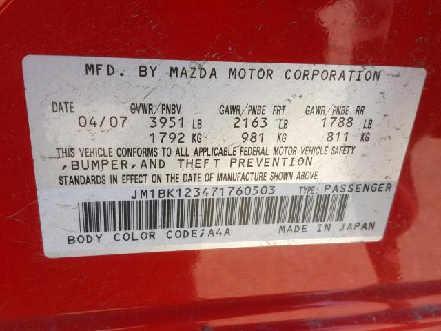 JM1BK123471760503 - 2007 MAZDA 3 S RED photo 10