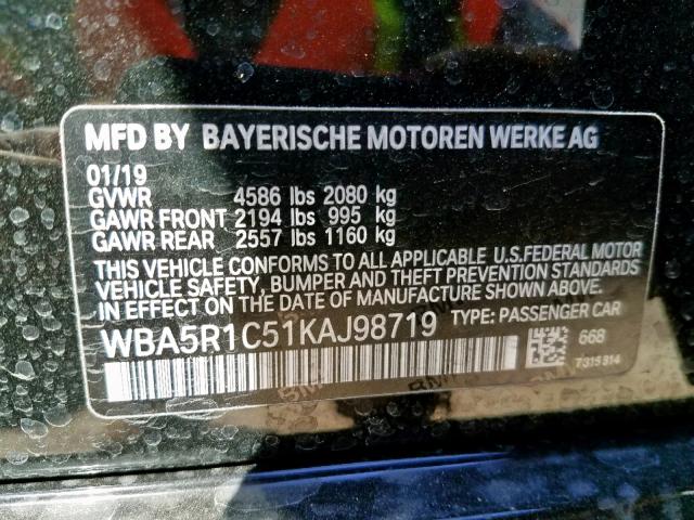WBA5R1C51KAJ98719 - 2019 BMW 330I BLACK photo 10
