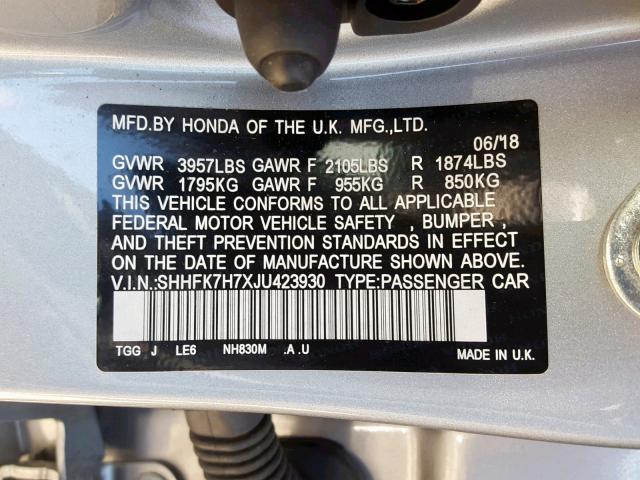 SHHFK7H7XJU423930 - 2018 HONDA CIVIC EXL ვერცხლისფერი ფოტო 10