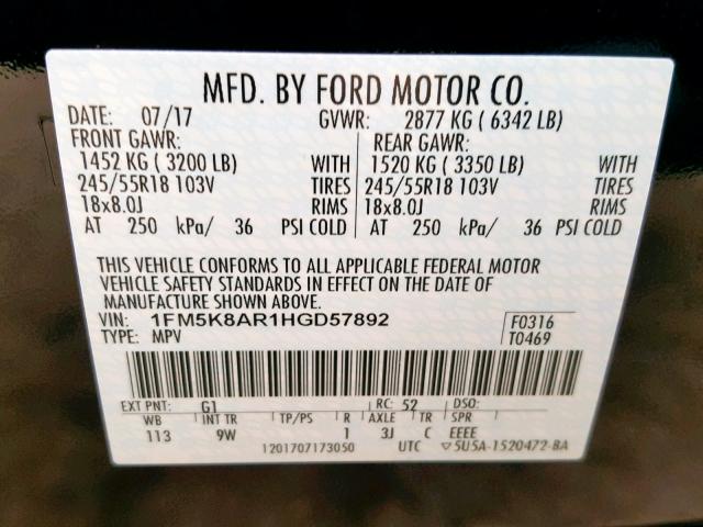 1FM5K8AR1HGD57892 - 2017 FORD EXPLORER P BLACK photo 10