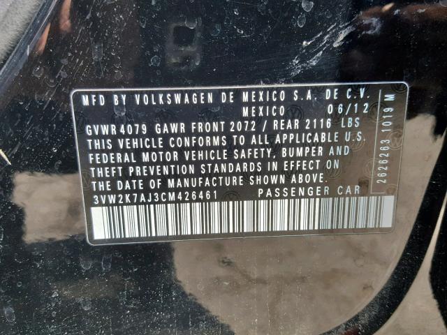 3VW2K7AJ3CM426461 - 2012 VOLKSWAGEN JETTA BASE 黑色 照片 10