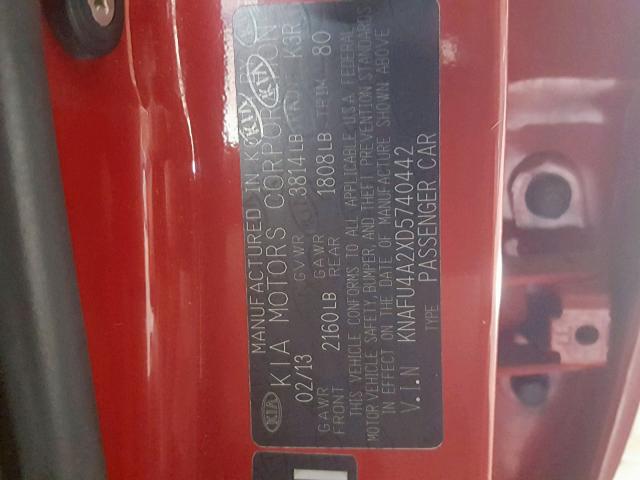 KNAFU4A2XD5740442 - 2013 KIA FORTE EX RED photo 10