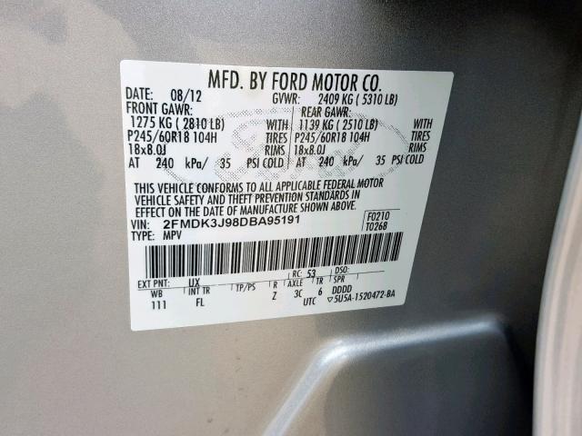 2FMDK3J98DBA95191 - 2013 FORD EDGE SEL SILVER photo 10