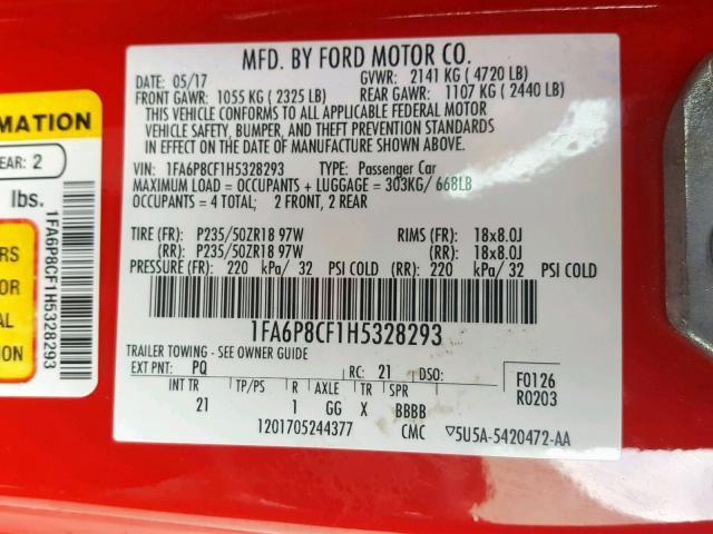 1FA6P8CF1H5328293 - 2017 FORD MUSTANG GT RED photo 10