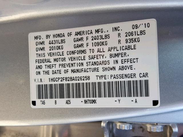 1HGCP2F82BA026258 - 2011 HONDA ACCORD EXL SILVER photo 10