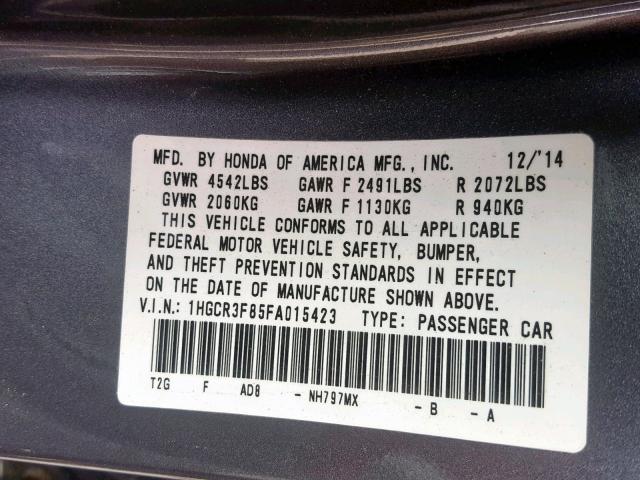 1HGCR3F85FA015423 - 2015 HONDA ACCORD EXL GRAY photo 10