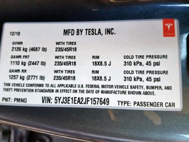 5YJ3E1EA2JF157649 - 2018 TESLA MODEL 3 GRAY photo 10