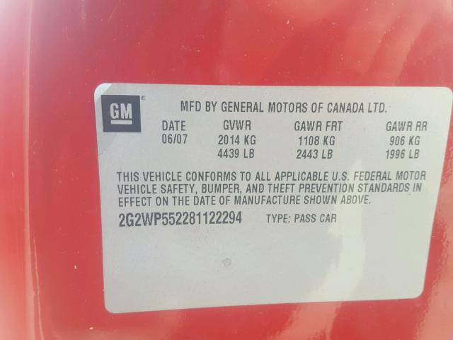 2G2WP552281122294 - 2008 PONTIAC GRAND PRIX 红色 照片 10