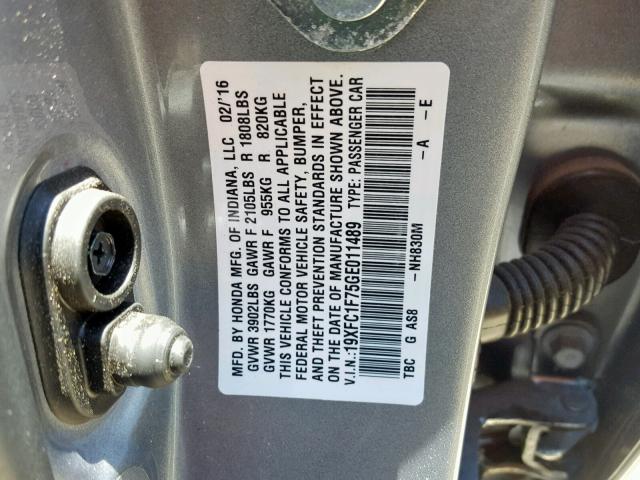 19XFC1F75GE011489 - 2016 HONDA CIVIC EXL 银色 照片 10