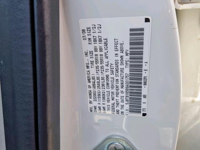 5J8TB18589A001757 - 2009 ACURA RDX TECHNO WHITE photo 10